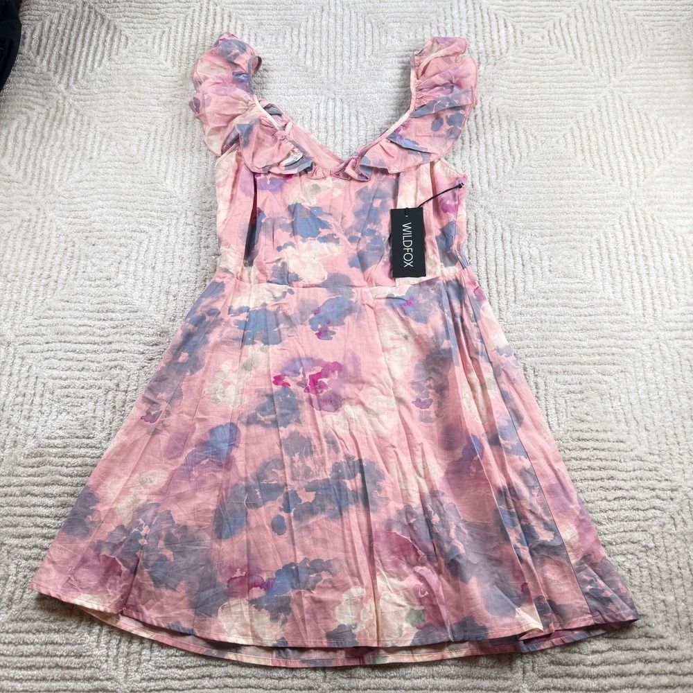 Wildfox Blair Ruffle Dress Women's L Pink Watercolor NWT Ethereal Cottagecore